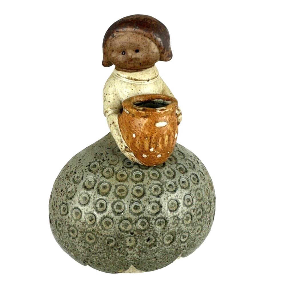 Vintage UCTCI Japanese Pottery Figurine Girl Carrying Pot Green Bell Dress